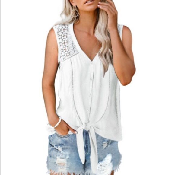 White Crochet Lace tie front button up tank top - Picture 1 of 8